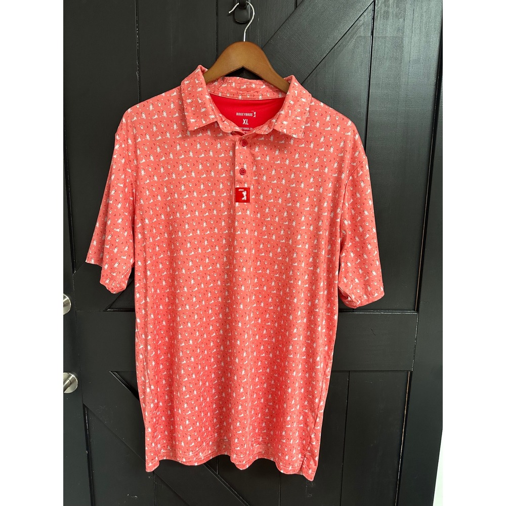 Bogey Bros Mens XL Golf Polo Shirt Coral Pink Cat Horseshoe Print Performance
